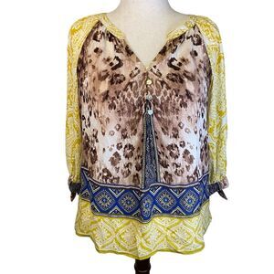 Anthropologie Fig and Flower SZ L Yellow,‎ Brown Blue Tie Sleeve V-Neck Blouse